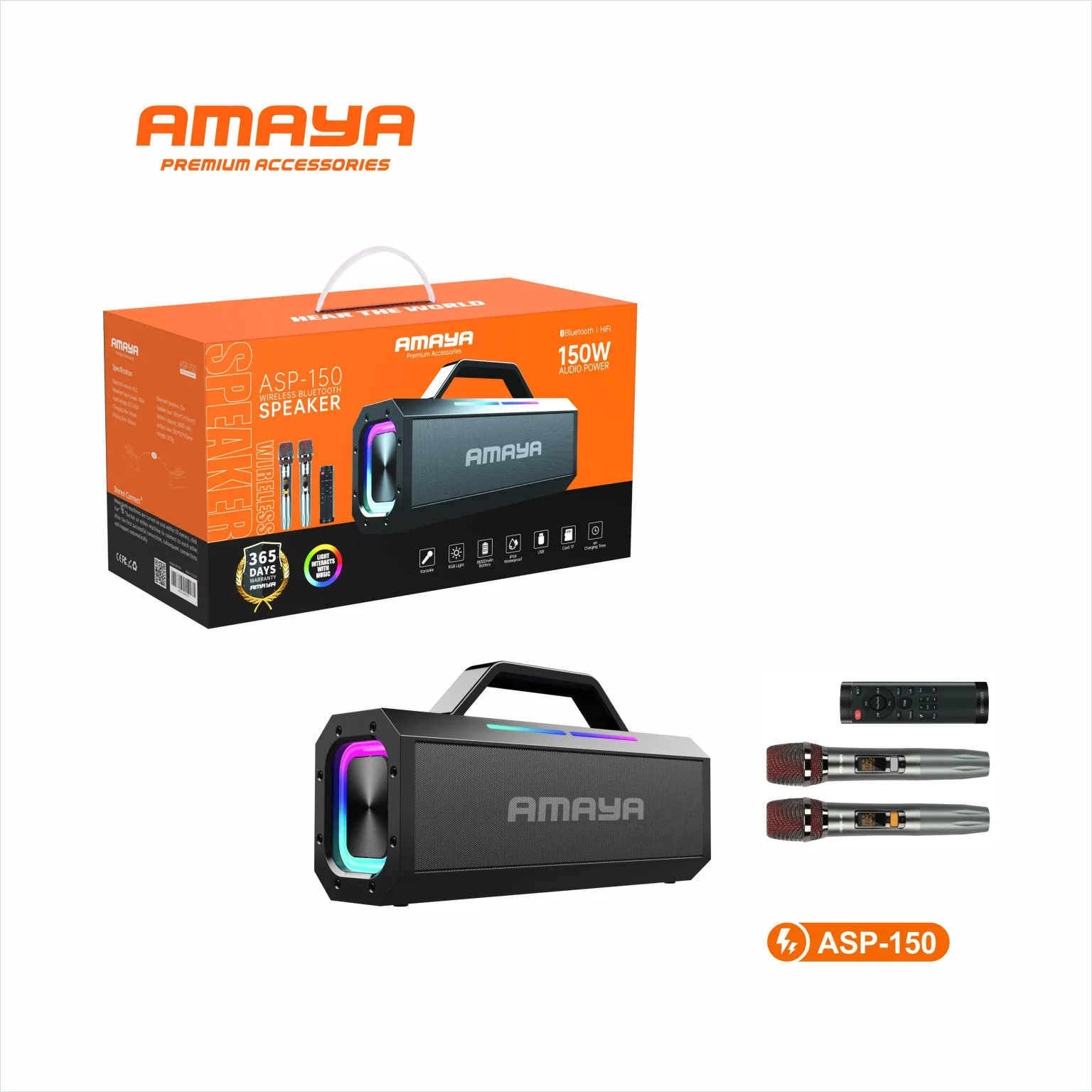 Amaya ASP-150 Bluetooth speaker 150W high-power with colorful lights & 2 microphones