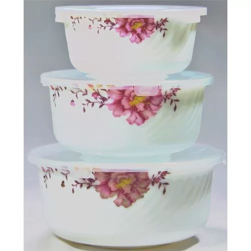 Opal 3 Piece Floral Serving Bowl Mixiing Bowl Set (1500ml, 1000ml, 500ml), Microwave Safe, Heat and Break Resistant with Plastic Lids- Multicolor