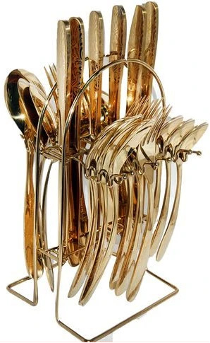 24pcs Cutlery (Forks ,Spoons & Knives) with a Stand - Gold