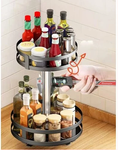 2 Tier 360° Rotatating Kitchen Trolley Shelf Spice Storage Rack Organizer Stand - Black