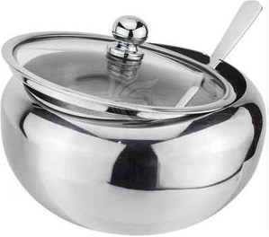 Steel Sugar Bowl With Spoon and Glass Lid Container Jar Condiment Pot - Silver