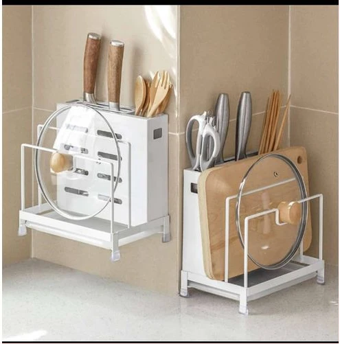 Kitchen Utensils Tool Holder Block Storage Rack Cutting Board Stand Bakeware Pan Pot Cover Lid Cutlery Organizer- White.