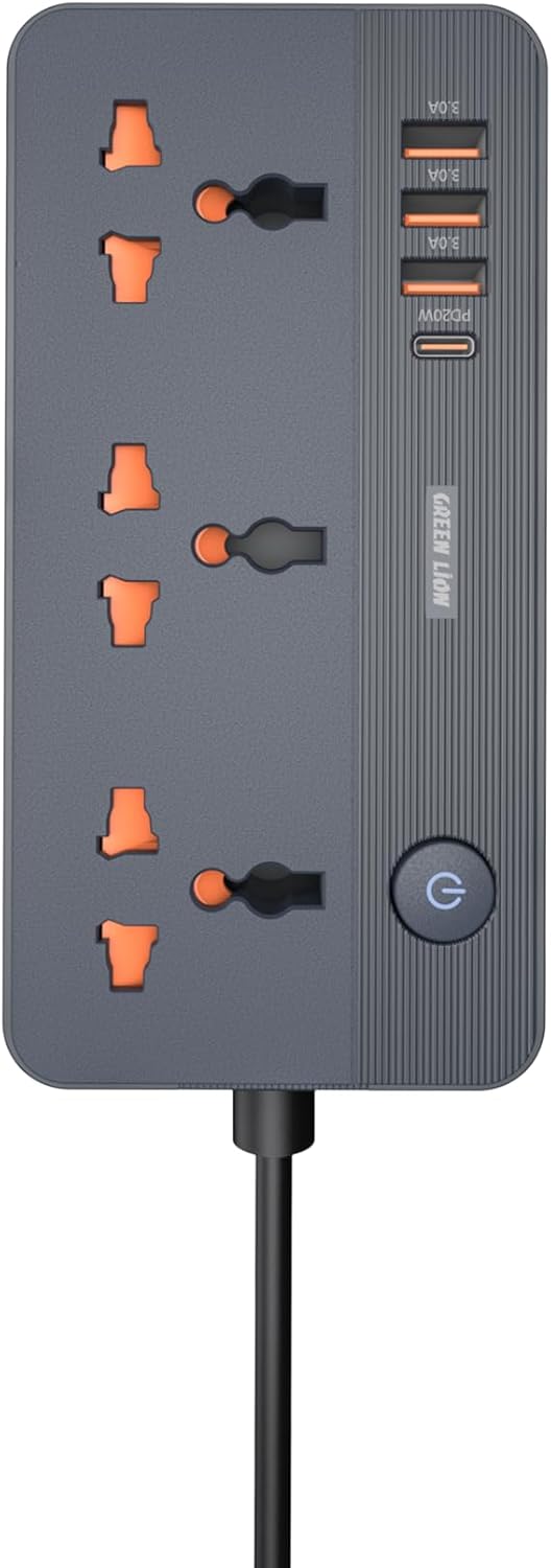 Green Lion GS-200 Power Socket 2500W, Flame Retardant, Overload Protection, 3 Universal Sockets, 3 USB-A Ports, USB-C Port PD 20W - Black