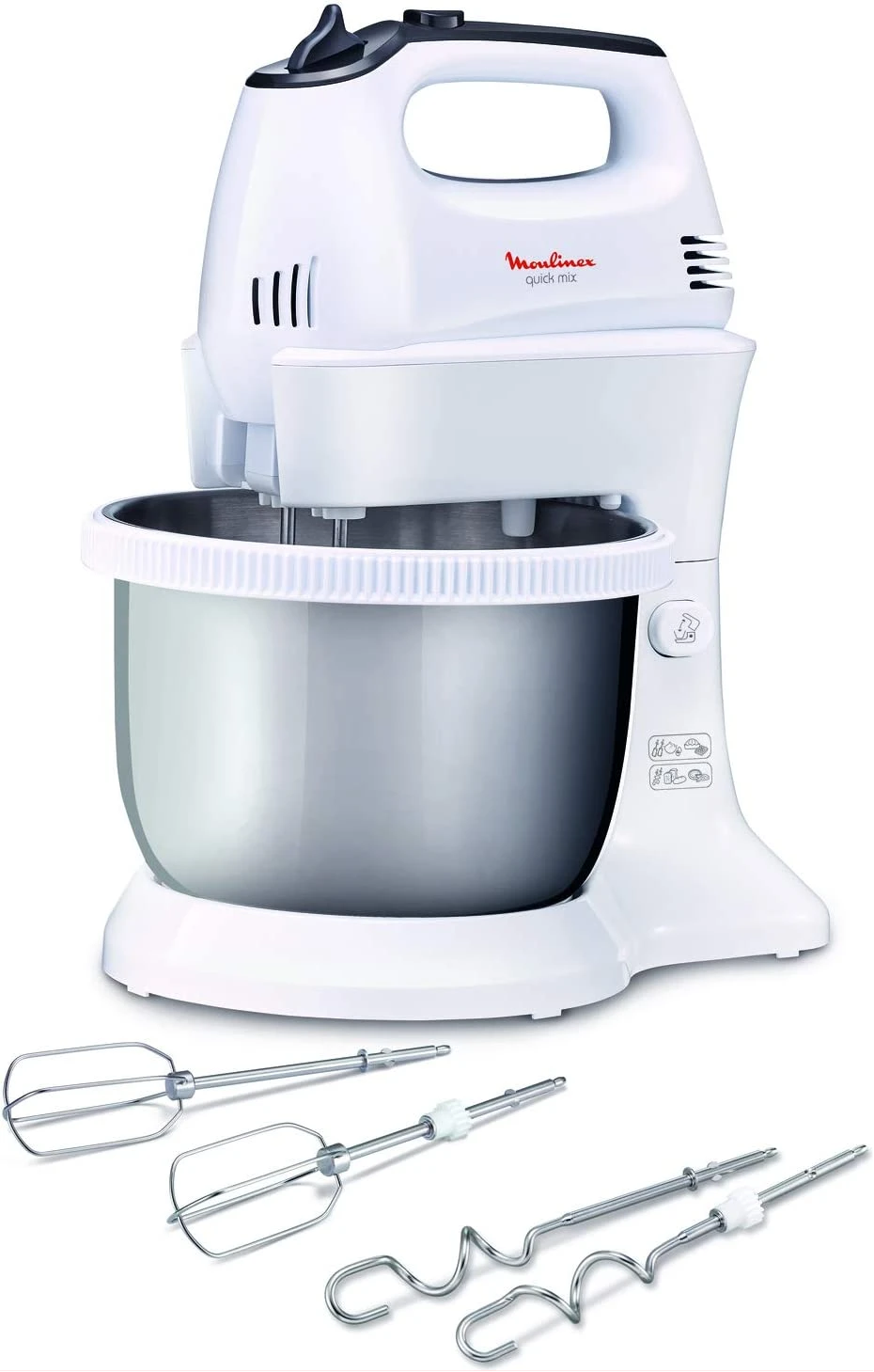 Moulinex Quick Mix Hand Mixer With Stainless Steel Stand Bowl, 300 Watts, White, Plastic, Hm312127