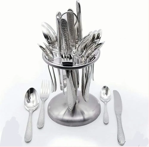 24 Pcs Plain Dinner Cutlery (Forks, Spoons & Knives) With A Stand - Silver