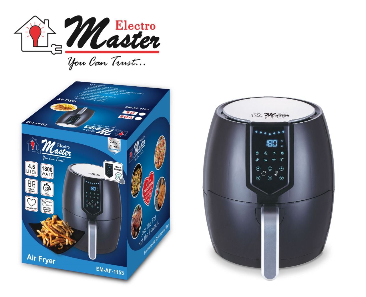 Electro Master Digital Air Fryer EM-AF1153, 4.5L, 1800W Microcomputer Control Preset timer Over Heat Protection