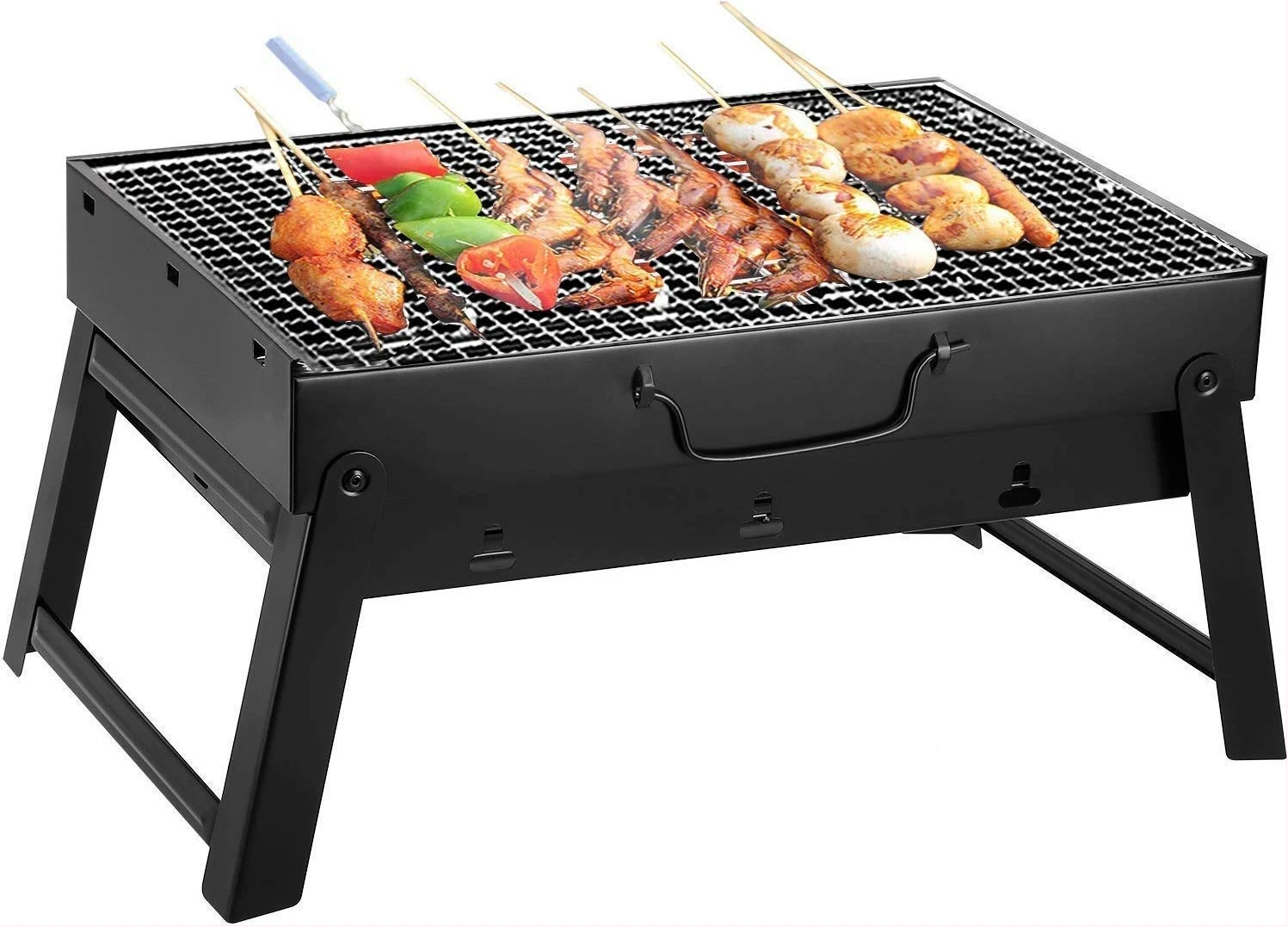 Folding Portable Outdoor Barbeque Charcoal BBQ Grill Oven Black Carbon Steel, Black