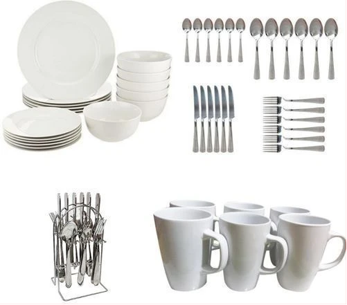 49Pc Ceramic Plates Cups Cutlery Set- White
