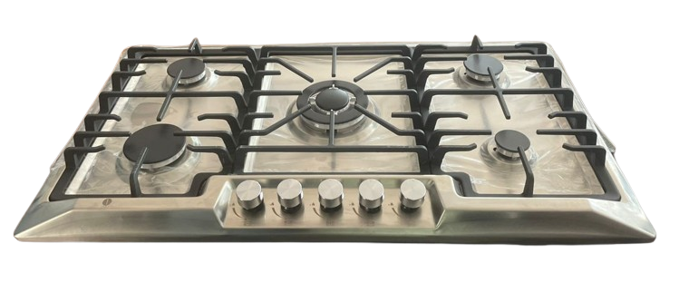 IQRA 90cm Built-in Hob, 5 Gas Burners, Stainless Steel, Pulse Ignition, Cast Iron Pan Supports