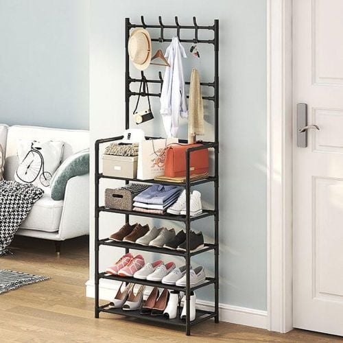 Multi-functional Hat Coat Stand With 5 Tier Shoe Rack Storage Clothes Rack & 8 Hooks Organizer- Black.