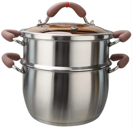 24CM 2 Tier Stainless Steel Steamer for Cooking, Dumpling Steamer, Vegetable Steamer with Handles, Soup Steamer Pot Cookware Pot with Lid - Silver.