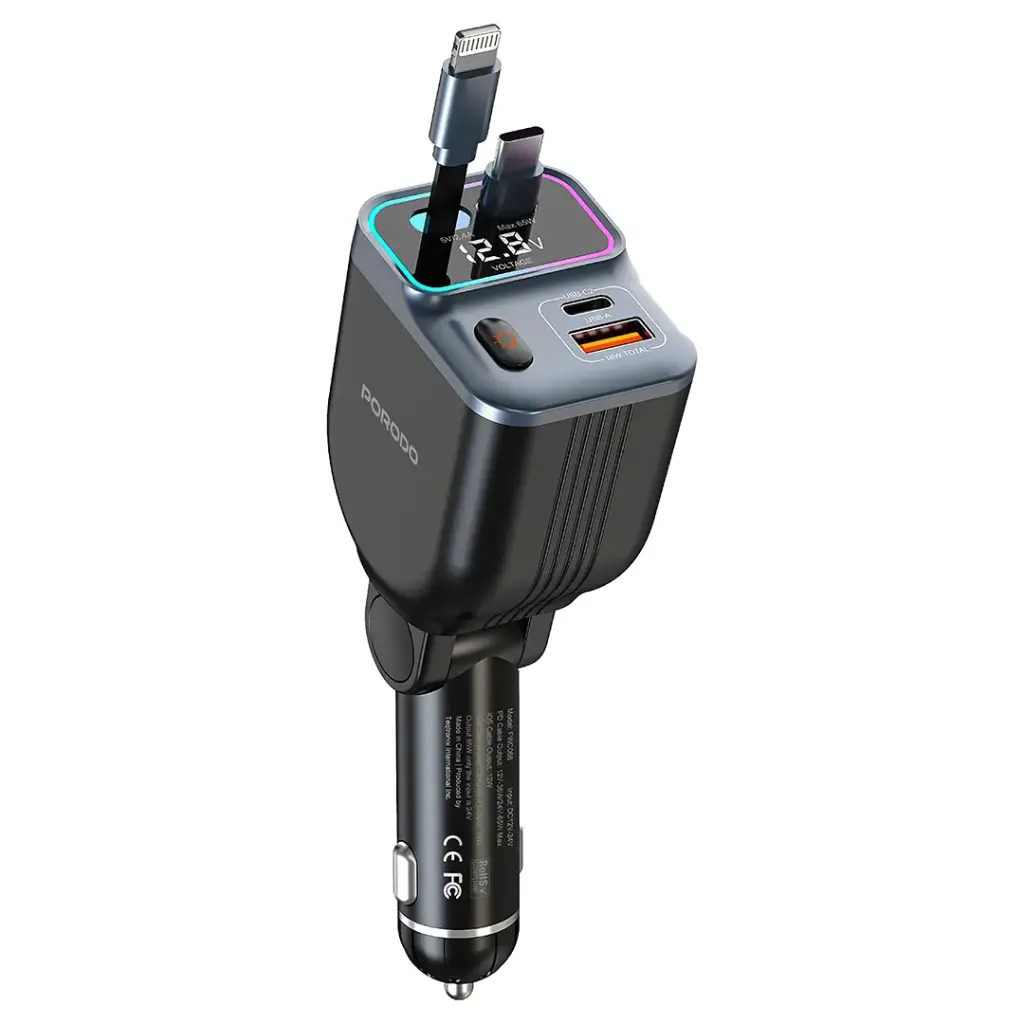 porodo 65W Car Charger Built-in Dual 80cm Retractable Cable & Real-Time Voltage Display / LED Ambient Lights / Universal Compatibility - Black