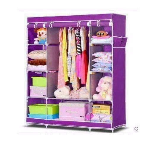 3 Column Cloth & Wooden Frame Portable Wardrobe - Purple