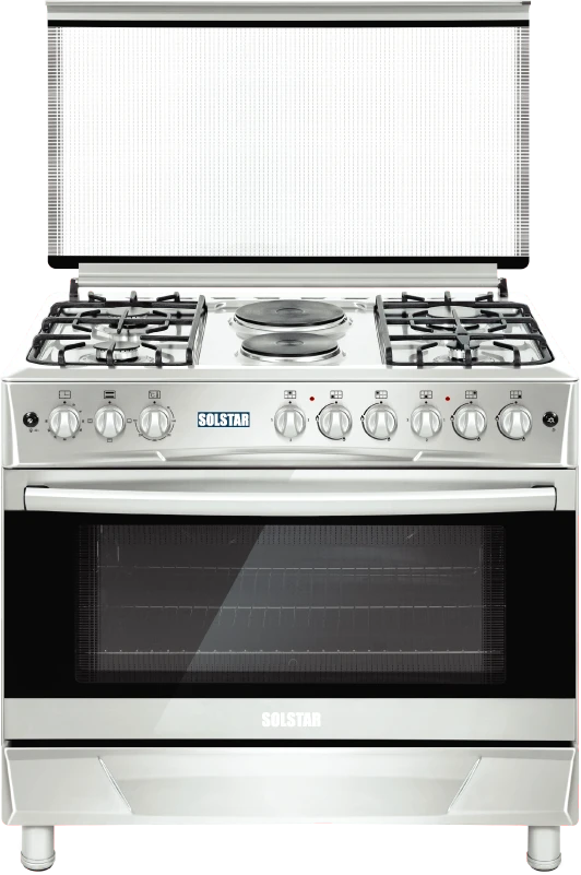 SOLSTAR 90x60cm SO942DEINBSS 4 Gas + 2 Electric Silver Cooker with Electric Oven, Rotesserie, Grill