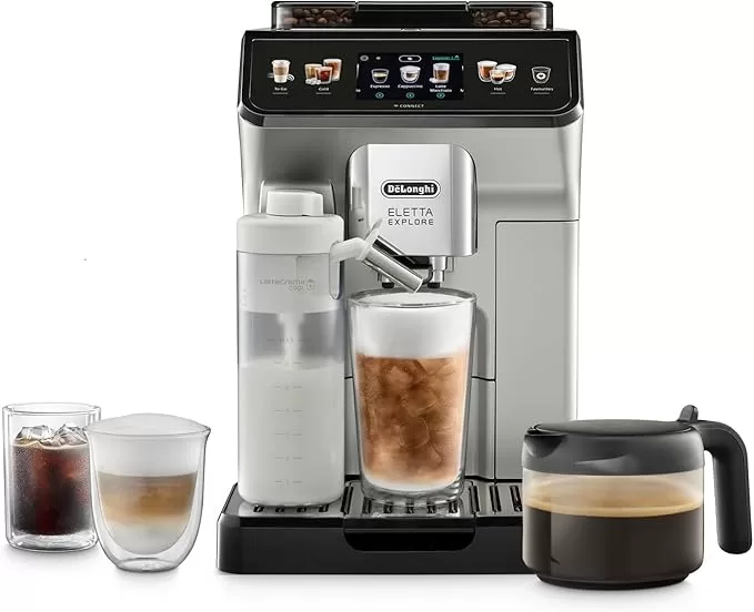 Delonghi Eletta Explore Automatic Coffee Machine, w/ LatteCrema Hot and Cool Creative Coffee, Wi-Fi ECAM450.65.S
