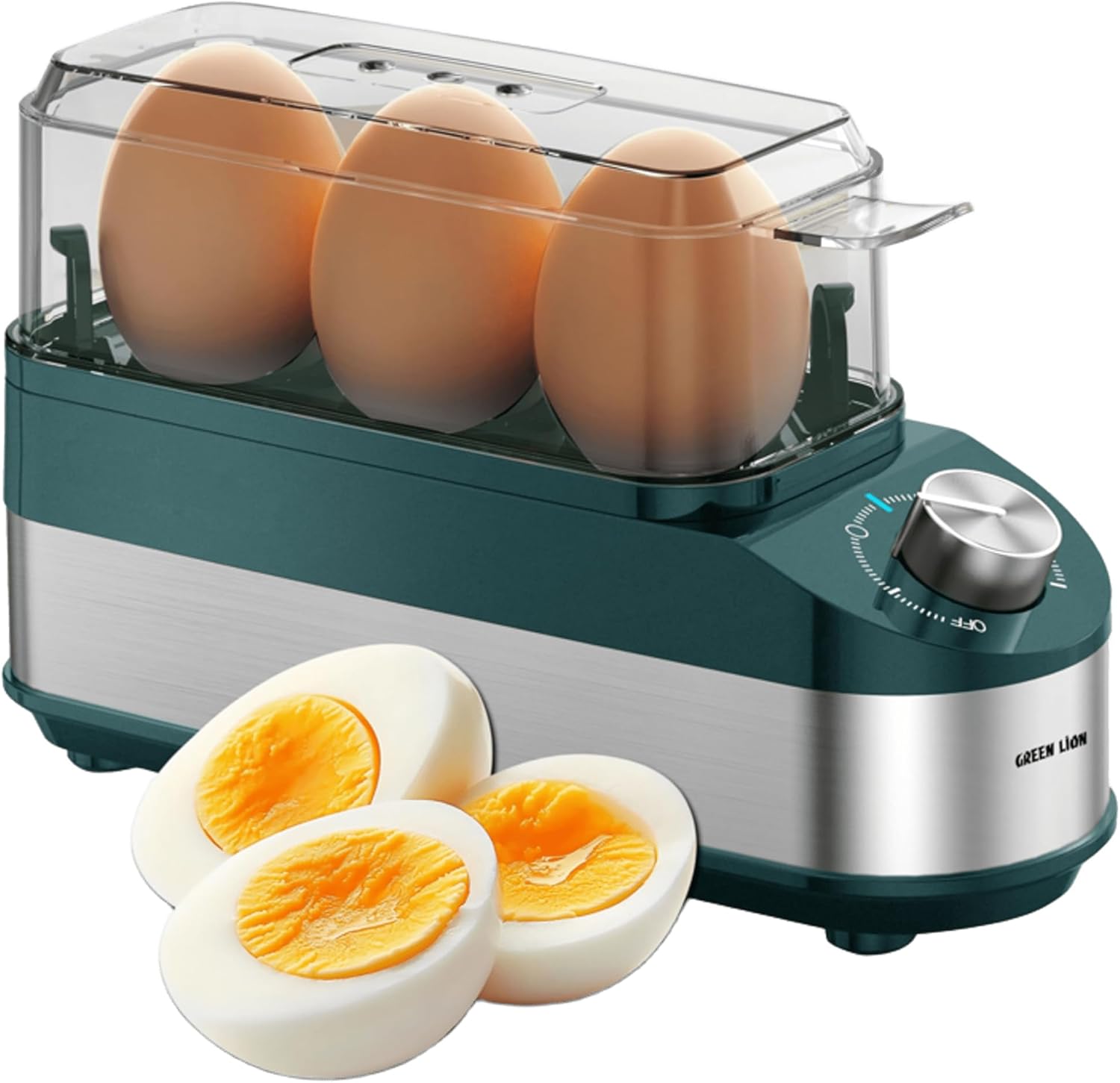 Green Lion Trio Egg Cooker, 3-Egg Capacity, 3 Cooking Modes, Fast 8Min Cooking, Rotatory Knob Timer, Auto Shutoff, Non-Stick Coating, Electric Eggs Cooker,100ml Water Reservoir - Green