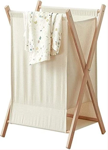 Foldable Clothes Laundry Basket Bag With Wooden Stand Storage Bin - Cream