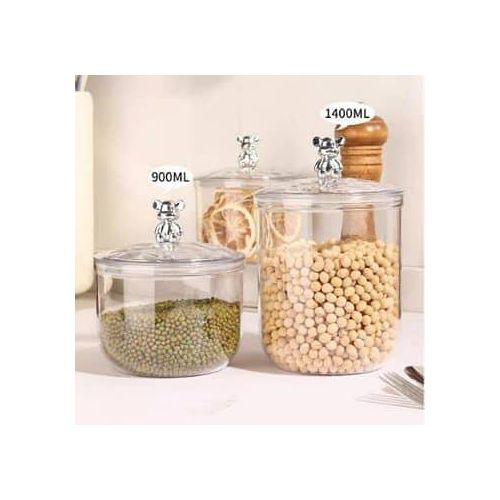 2 Piece Clear Acrylic Food Container Sealed Jar With Bear Handle Airtight Lid For Sugar Coffee Tea Leaf Dry Goods Candy Nuts Grain Cereal Seasoning Storage Box Tea Spices Bottles