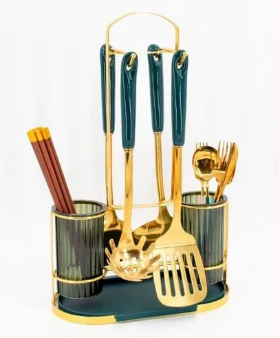 Kitchen Utensil Holder Countertop 2 Cups Cooking Cutlery Rack For Fork Spoon Knife Spatula- Green.