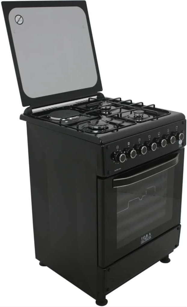 IQRA 60x60cm Cooker IQ-FC6011-BLK; 3 Gas Burners + 1 Electric Plate With Electric Oven and Grill, Oven Timer, Auto Ignition, Grill & Rotisserie - Black