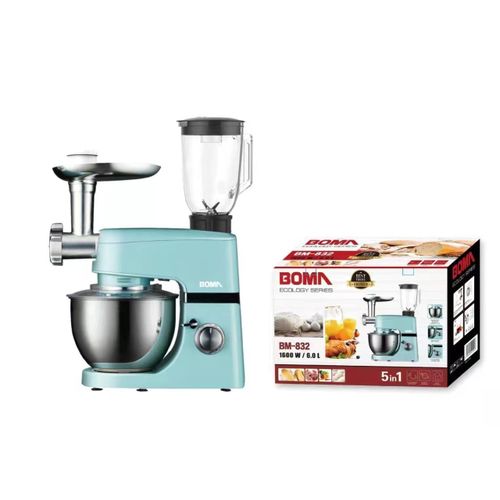 Boma 6Litre 5 IN 1 Stand Mixer 16000W Tilt-Head Multifunctional Electric Mixer With Stainless Steel Bowl, Beater, Hook, Whisk, Meat Grinder, Juice Blender With Glass Jar Dishwasher Safe - Multicolor