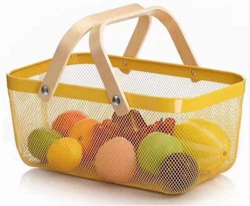 Rectangle Metal Mesh Fruit Shopping Wooden Handle Storage Basket - Multi-colour