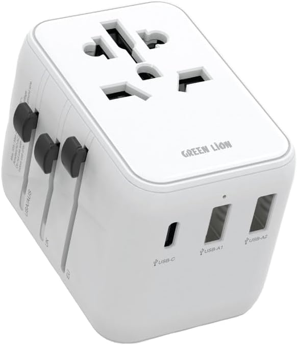 GREEN LION 12W Universal Travel Adapter / UK/US/AU/EU Pin / 2500W Max / Type-C Port / Dual USB-A / Multi Ports / Travel Friendly / Super Compact / Innovative Design / Overheat & Short Circuit Protecti