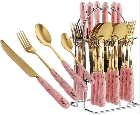 24pcs Gold Cutlery (Forks,Spoons& Knieves) With Stand- Multi-colours
