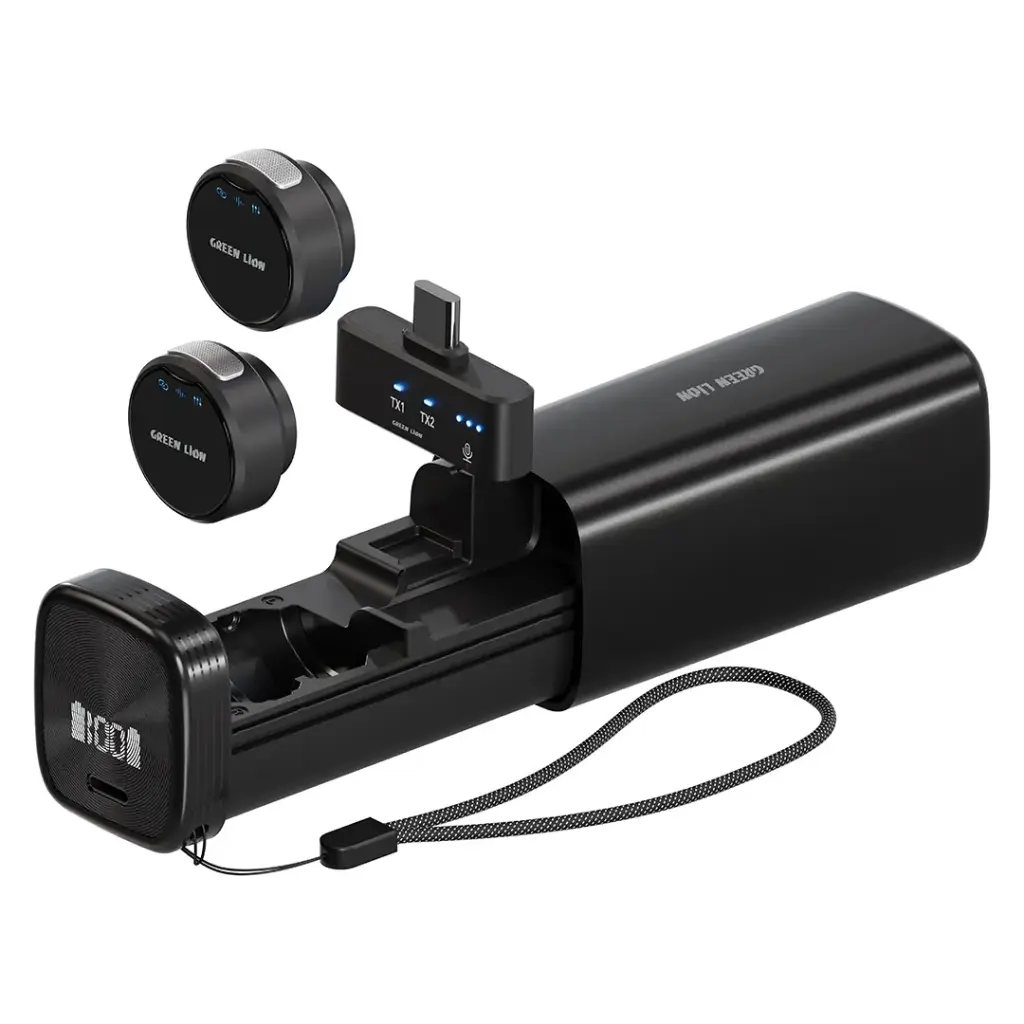 GREEN LION GM-93X Microphone for Type-C Devices, 2 Mics & 1 Receiver, 360° Pickup, 40m Working Range, Intelligent Noise Reduction, 14 Hours Battery Life with Charging Case - Black