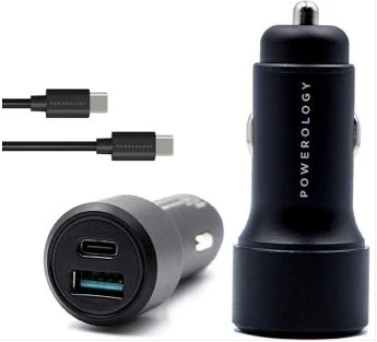 Powerology Car Charger Dual Port Type C PD Fast Charging 3.0 - Black
