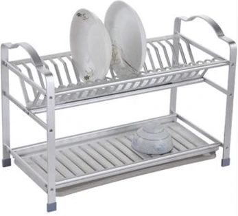 2 Tier Aluminum Plate Dish Drying Draining Rack Storage Organizer, Silver