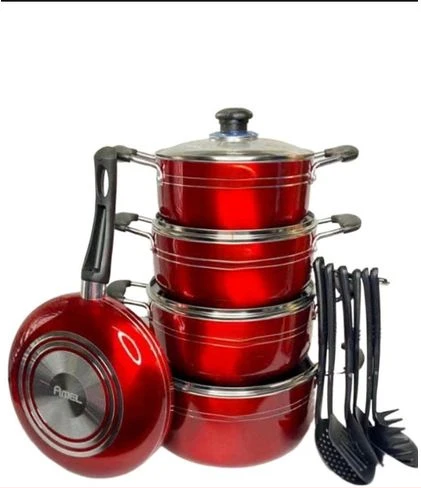 15PC Non-stick Saucepans Cookware Pots With Cutlery And Frying Pan -Red