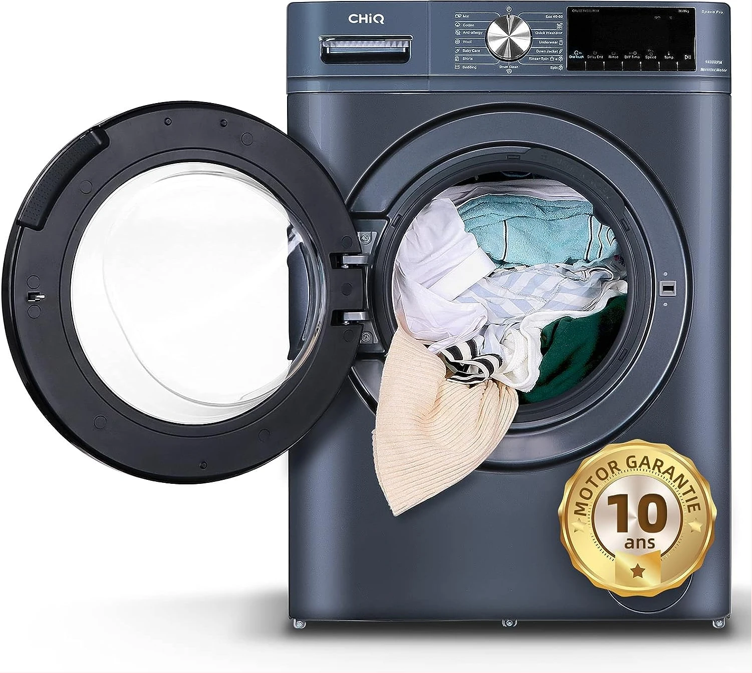 CHiQ 10kg Front Load Washing Machine - CG100-14586BSK3, AI One touch with Quick wash Function, High Speed 1400 rpm, Counter Depth and Child lock, Inverter Motor, Silver (3YRs WRTY)