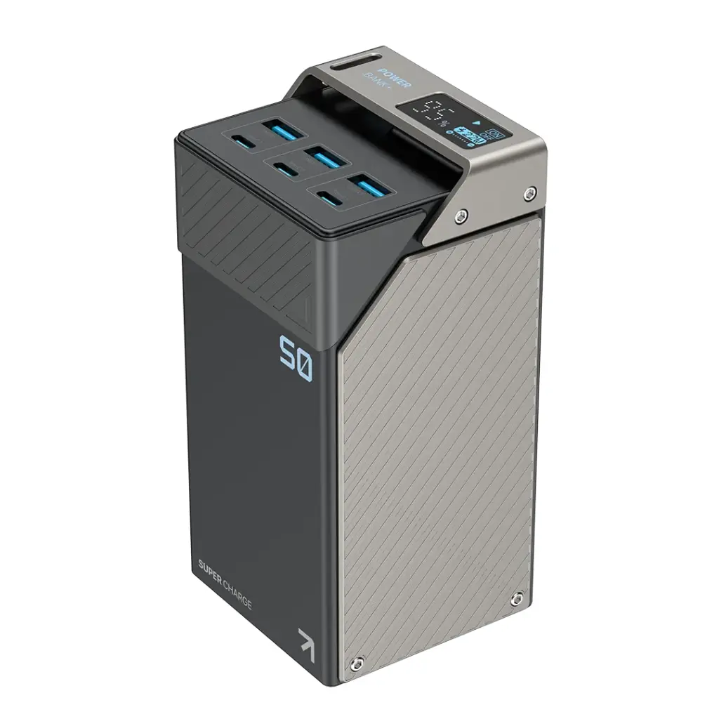 Powerology 50000mAh Power Bank Super Charger, 65W, 3PD Type-C, 3PD USB-A, USB-A to USB-C cable included, display panel, simultaneous charging, patented compact design - Black
