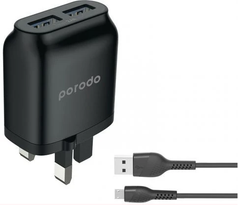 Porodo Dual USB Wall Charger 2.4A Cable 1.2m Black