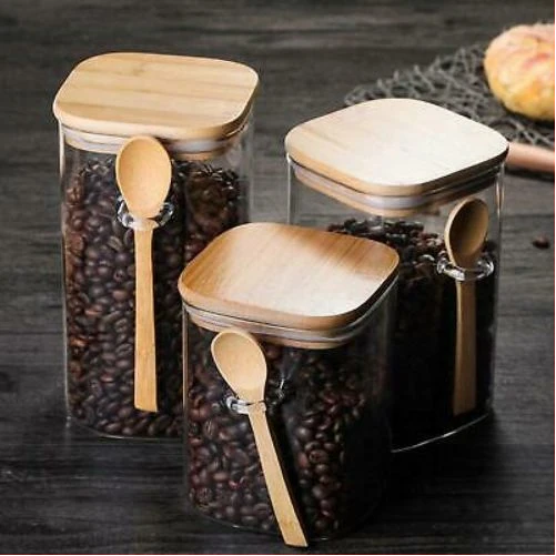 3PC Square Airtight Storage Pantry Food Glass Jars Bamboo Clamp Lids- Clear