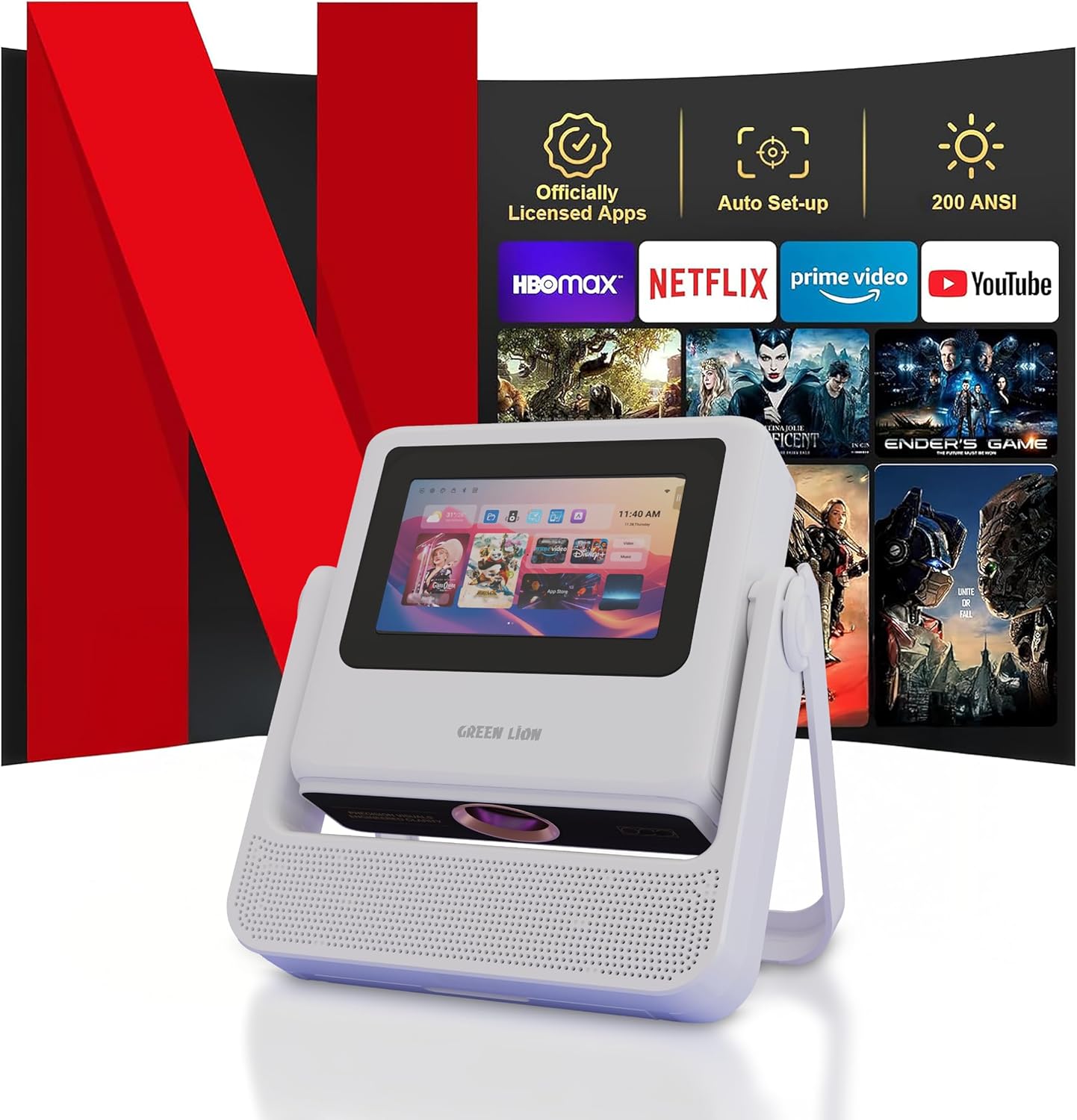 Green Lion Orion 2 Smart Projector with Wi-Fi & Bluetooth, 4K Support, 7” HD Display, Auto-Focus & Keystone Correction, Dual 5W Speakers, 250 Inch Screen Projection, 180° Rotation, Android Projector