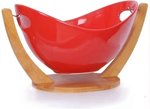Swinging Fruit/ Salad Bowl Dish On Bambo Stand-Red.