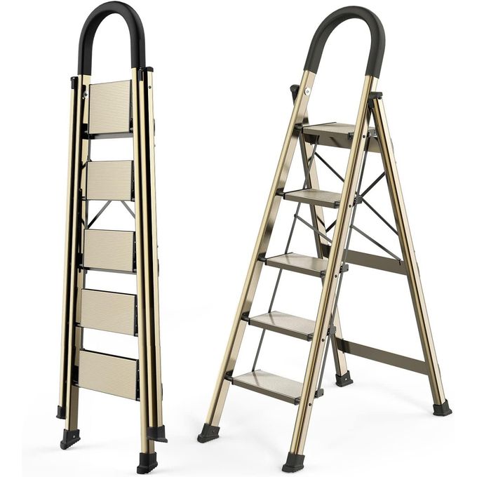 5 Step Ladder, Folding Step Stool with Anti-Slip Wide Sturdy Pedal with Convenient Handgrip, Portable Lightweight Aluminum Stepladder for Home, Office, Library Indoor 5ft Stepladders With Rubber-cotto