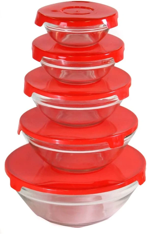 5 Piece Glass Bowl Set With Matching Red Plastic Lids
