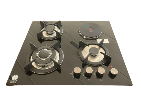 IQRA 60cm Built-in Hob, 3 Gas + 1 Electric, Glass Top, Auto Ignition, Cast Iron Pan Supports, IQ-KH4002EG