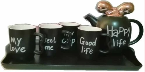 4 Pieces Of Tea Coffee Cups, Teapot And Tray Set- Black