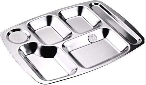 Stainless Steel Rectangle 6-In-1 Component Dinner Plate Tray For Lunch - Silver