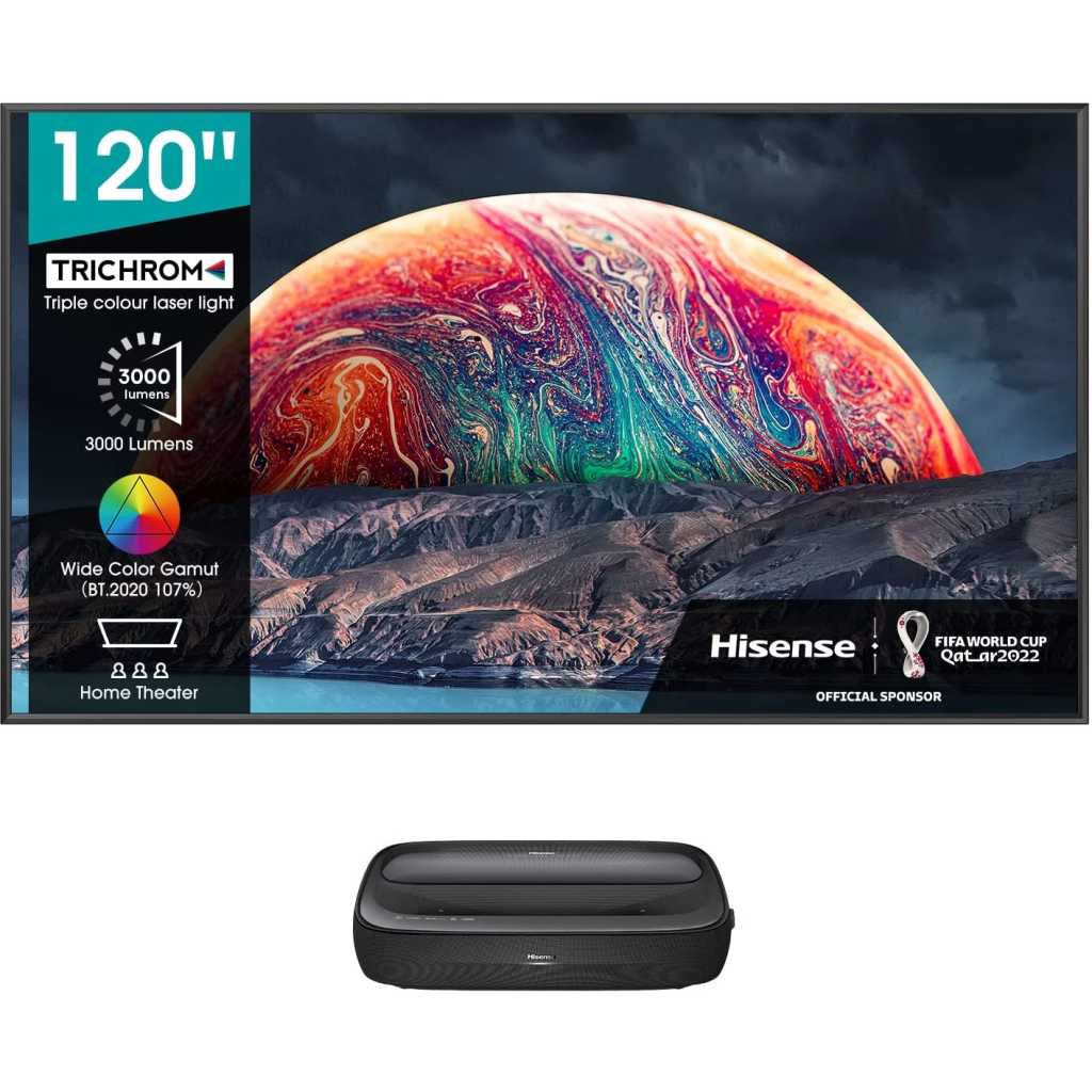 Hisense 120-Inch  4K UHD Laser TV 120L9HE, Triple-Laser UST Ultra Short Throw Projector with 120″ ALR Screen, 3000 Lumens, Android TV, HDR10, 40W Dolby Atmos, Built-in Alexa, and Google Assistant