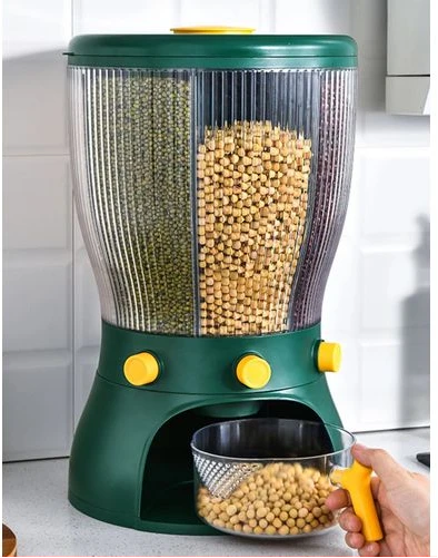 4 Grid Rotating Cereal Food Rice Bucket Storage Dispenser Box Organizer-Green