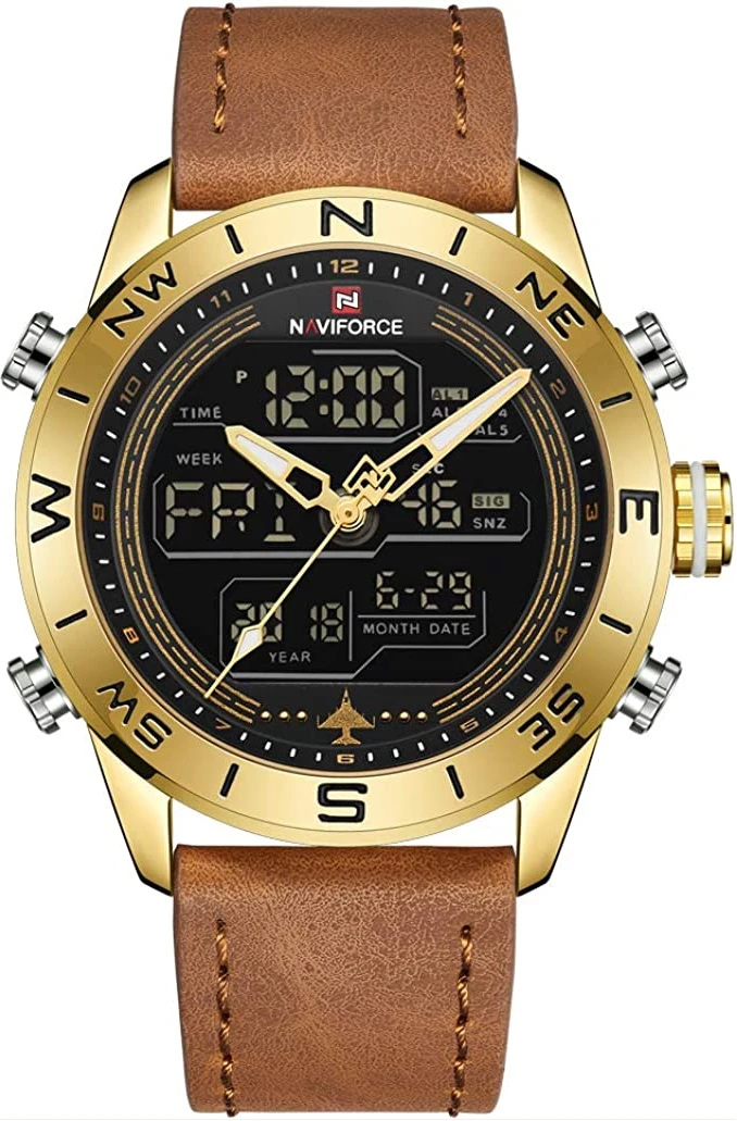 NAVIFORCE Men's Digital Sport Leather Watch Waterproof Analog Quartz Watches Casual Chronograph Backlight Military Wristwatch.