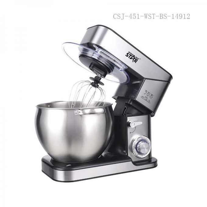 Winning star 6-Speed Stand Mixer Cook Machine 10L with Stainless Steel Bowl Copper Motor Aluminum Dough Hook Flat Agitator Spatula 304 Balloon Whisk LED Indicator Light 4 Sucker Feet BS Plug- Silver