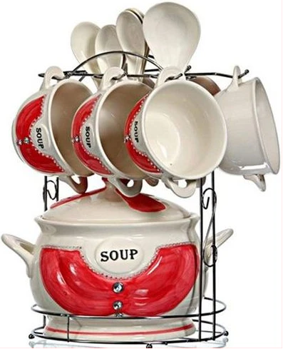 15-Piece Ceramic soup Bowls ,Cups, Spoon Set On Stand- Multi-color.