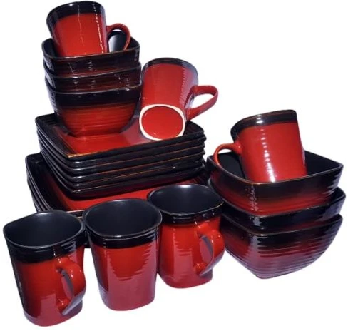 24 Piece Square Plates, Bowls, Cups Dinner Set - Red