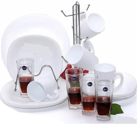 Luminarc 16 Piece Plain Design Plates, Cups, Glasses, Soup Bowls Dinner Set - White